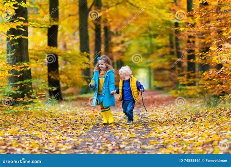 Kids Playing in Autumn Park Stock Image - Image of laughing, funny ...