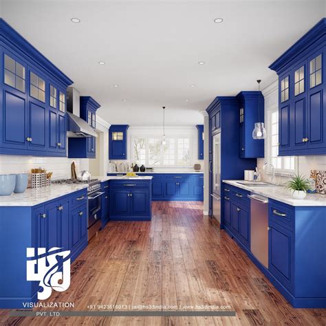 Modern navy blue kitchen with waterfall island – Artofit