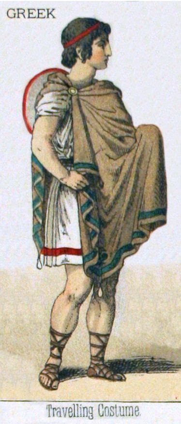 A Greek travelling costume, incorporating a chiton, a chlamys, sandals, and a petasus hat ...