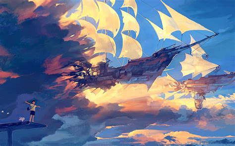 wallpaper for desktop, laptop | az68-fly-ship-anime-illustration-art-blue