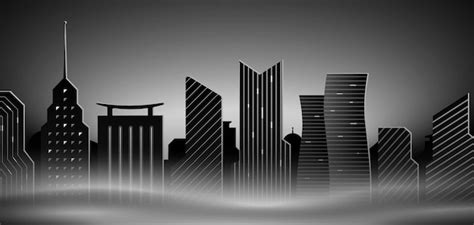 Premium Vector | Black and white foggy night city skyline with skyscrapers panoramic dark vector ...