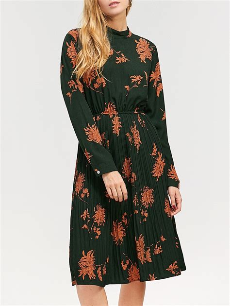 [13% OFF] Long Sleeve Floral Pleated Midi Dress | Rosegal