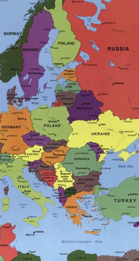 a large map of europe with all the countries and their major cities on it's borders