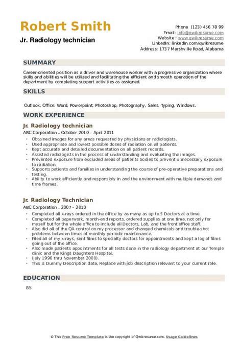 Radiology Technician Resume Samples | QwikResume