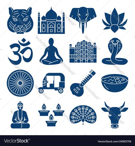 India national symbols silhouette icons set Vector Image