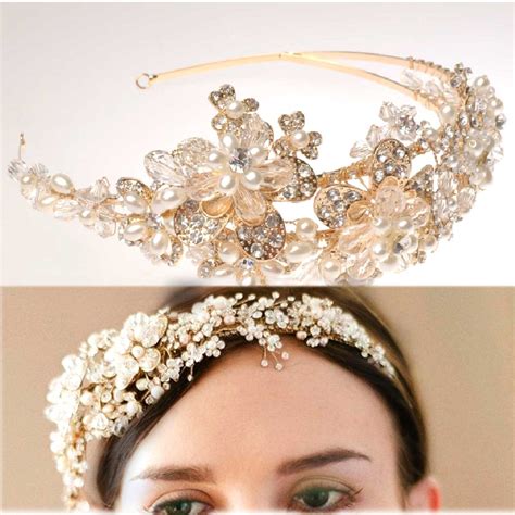 GOLD FLOWER BRIDAL WEDDING BRIDES PEARL RHINESTONE CRYSTAL TIARA HEADBAND on Storenvy