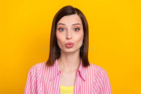 Portrait of Pretty Positive Person Kiss Lips Look Camera Have Good Mood Isolated on Yellow Color ...