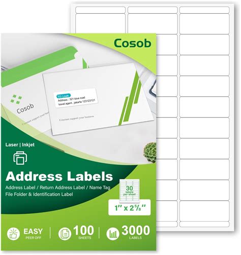 Amazon.com : COSOB 1" x 2-5/8" Address Labels for Laser/Inkjet Printer ...