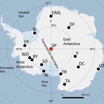 Map of Antarctica with deep ice core locations labeled: South Pole ...