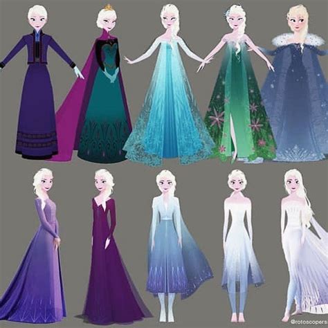 several frozen princess dresses are shown in different colors