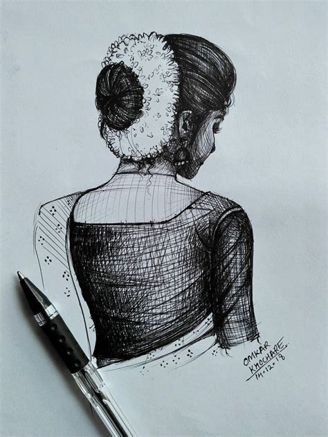 a pencil drawing of a woman's back view