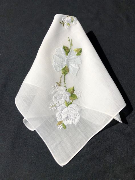 Unusual Embroidered White Floral Bridal Handkerchief, Hankerchief, Hankie, Vintage White Rose ...