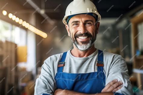 Premium AI Image | Smiling bearded house painter with crossed arms wearing work uniform and helmet