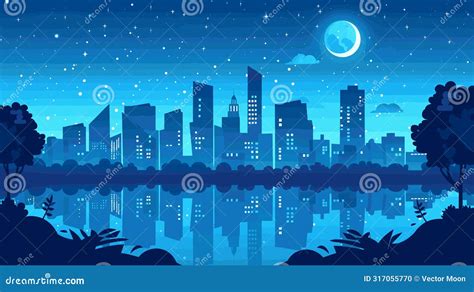 Night Cityscape Illustration Reflecting Serene Lake, Stars Twinkle ...