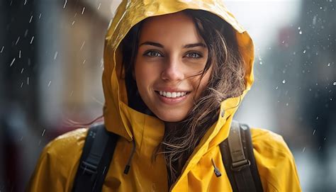 Premium Photo | Woman laughing in the rain in waterproof jacket and hood March 8 World Womens Day