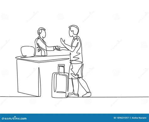 One Line Drawing of Young Male Tourist Handshaking Hotel Receptionist ...