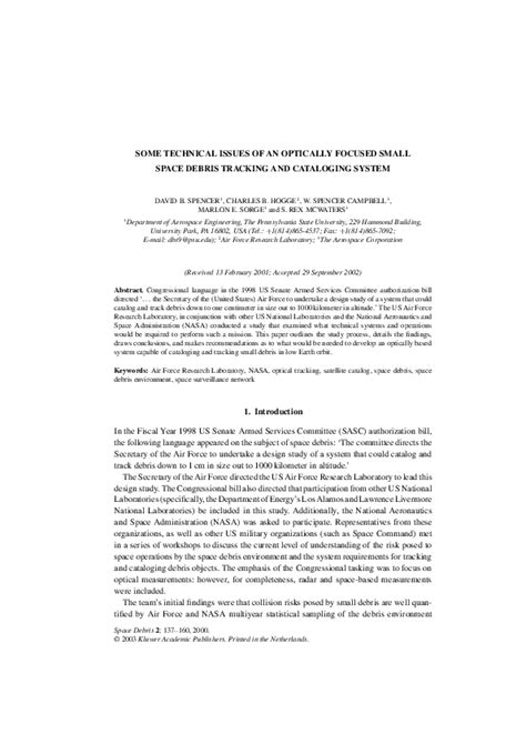 (PDF) Some Technical Issues of an Optically Focused Small Space Debris Tracking and Cataloging ...