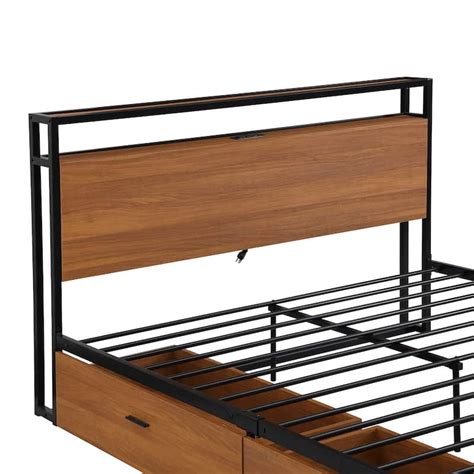 Queen Size Metal Platform Bed Frame with USB Ports,Sockets and Slat ...