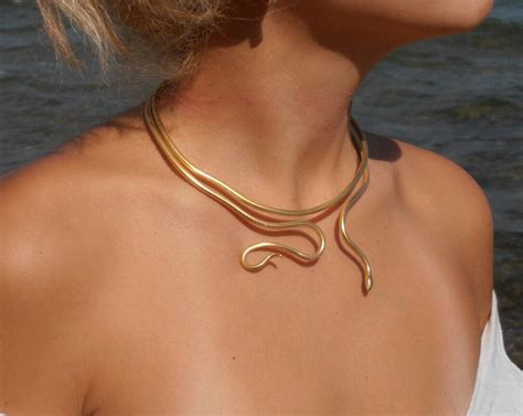 Twin Snakes Necklace '' Ofis '' Handmade Choker Necklace in BRASS Metal Gold-plated/gold Choker ...