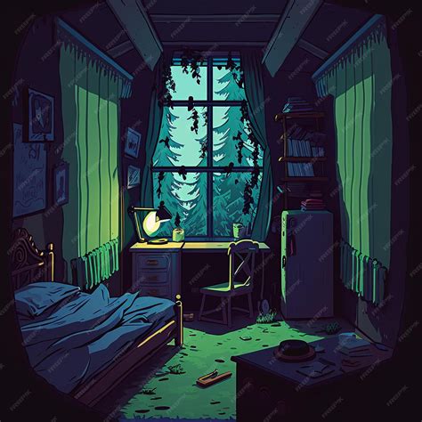 Premium AI Image | A drawing of a room with a bed and a desk with a lamp on it.