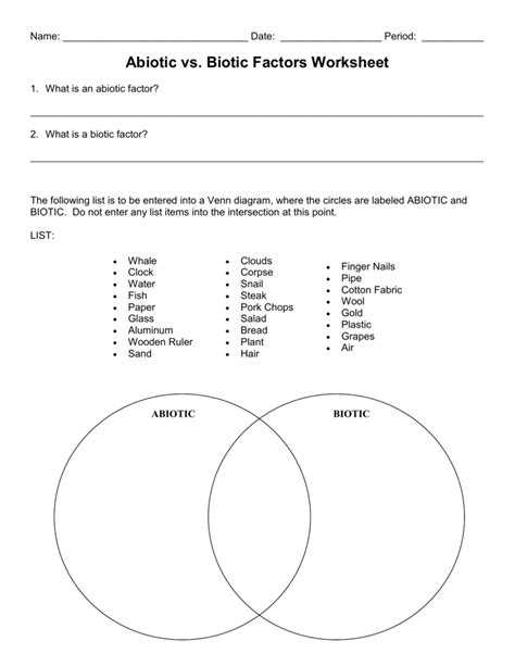 Biotic And Abiotic Factors Worksheets