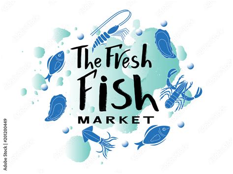 Vector lettering of text The fresh fish market. Modern calligraphy.Template of logotype of fish ...