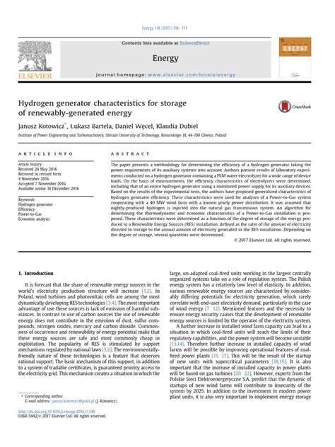 Hydrogen Generator Characteristics For Storage or Renewably Generated Energy Kotowicz 2016 | PDF ...