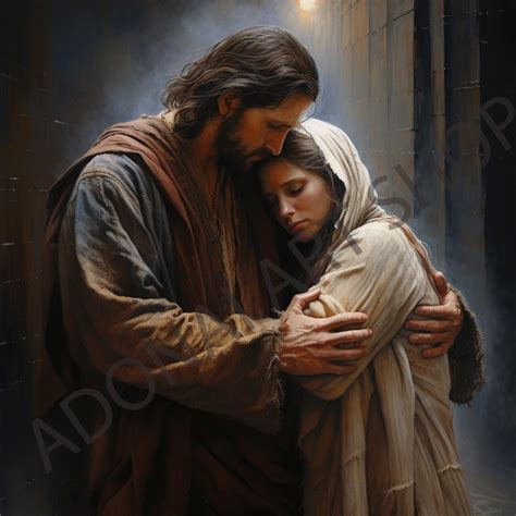 Jesus Christ Holding Hugging Sad Women Mary Magdalene Oil Painting PNG Printable Christian Art ...