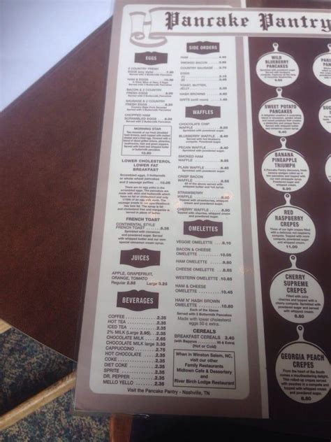 Menu at Pancake Pantry restaurant, Gatlinburg, 628 Parkway