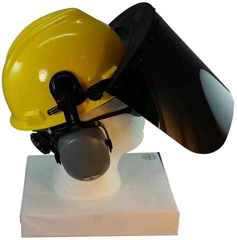 MSA V-Gard Cap Style hard hat with Dark Green Faceshield, Hard Hat Attachment, and Earmuff - Yellow