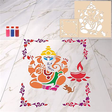 Ganesha with Corner - Rangoli Stencil Combo with Six Rangoli Colors - Incredible Gifts