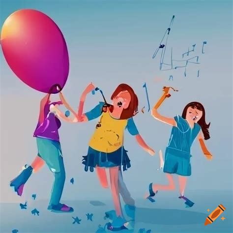 Colorful illustration of people celebrating with musical instruments and balloons on Craiyon