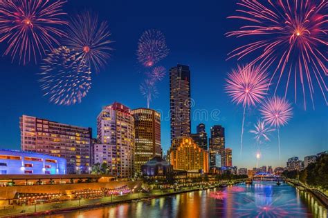 Melbourne (Australia) with Fireworks during New Year S Eve Stock Photo ...