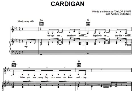 Taylor Swift-Cardigan Free Sheet Music PDF for Piano | The Piano Notes