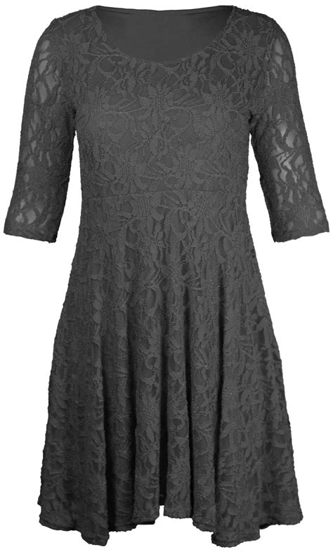 Womens Plus Size Skater Floral Lace ¾ Sleeve Evening Mini Party Dress 14-28