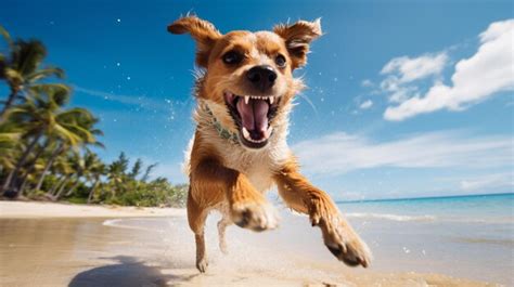 Premium AI Image | Joyful dog jumping and playing on tropical sand beach