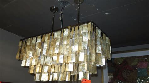 Capiz Natural Shell Chandelier/Ceiling Lamp - Gold Cast Rectangular 30" X 14" 32" H - Oahu Auctions