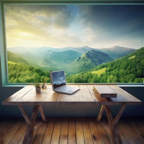 Premium Photo | A laptop on a wooden table in front of a mountain view.