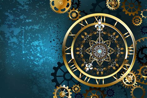 Golden Clock on Turquoise Background ( Steampunk ) By blackmoon9 | TheHungryJPEG