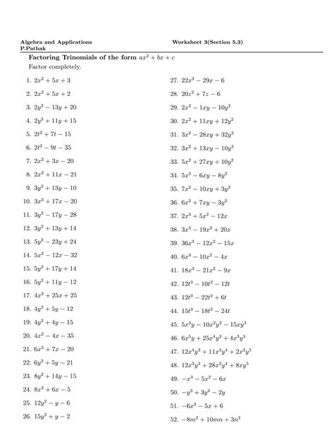 Factoring Trinomials Practice Worksheet – E Street Light