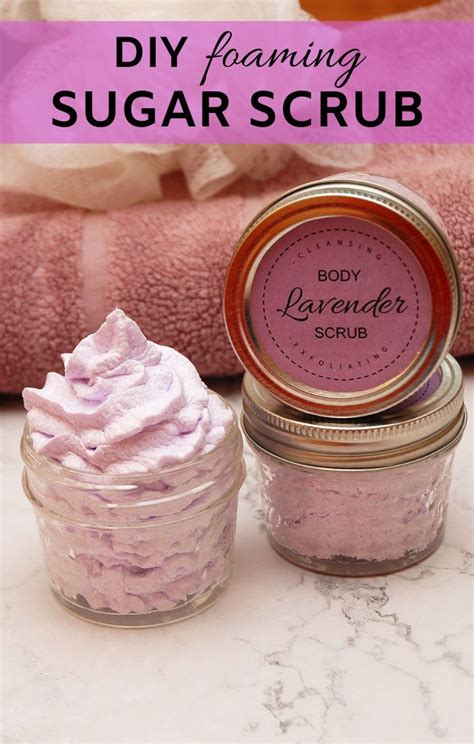 Very easy foaming, whipped DIY sugar scrub recipe with lavender essential oil. Cleanses and ...