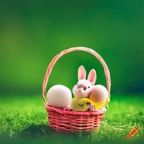 Easter basket with egg and cute bunny on grass on Craiyon