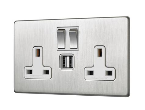 Satin Nickel Screwless Double Socket With USB - 2 Gang/Twin Switched 13 ...