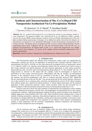 Synthesis and Characterization of Mn, Ce Co-Doped CDS Nanoparticles Synthesized Via Co ...