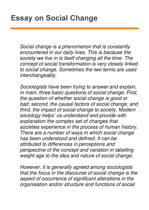 Essay social change - Essay on Social Change Social change is a phenomenon that is constantly ...