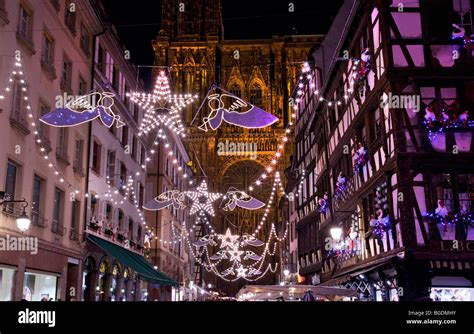 Christmas lights on the streets of Strasbourg, France with the ...