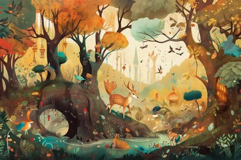 Whimsical Illustration of a Magical Forest, Filled with Vibrant Colors and Fantastical Creatures ...