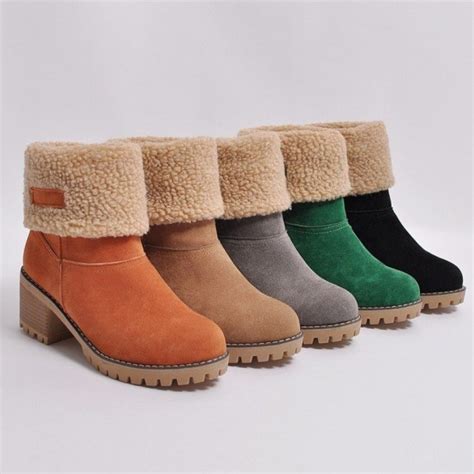 Women's Ankle Boots Fold-over Suede Warm Mid Heeled Winter Boots