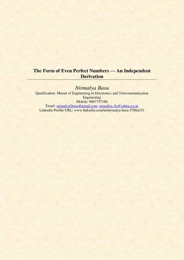 The Form of Even Perfect Numbers-- an Independent Derivation : NIRMALYA ...