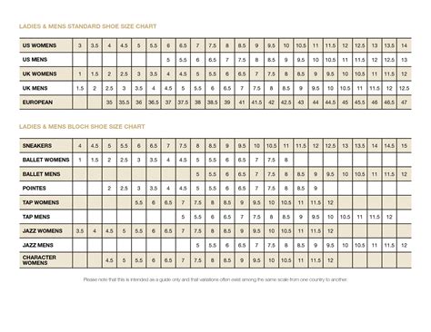 Men's Shoe Size Chart Printable